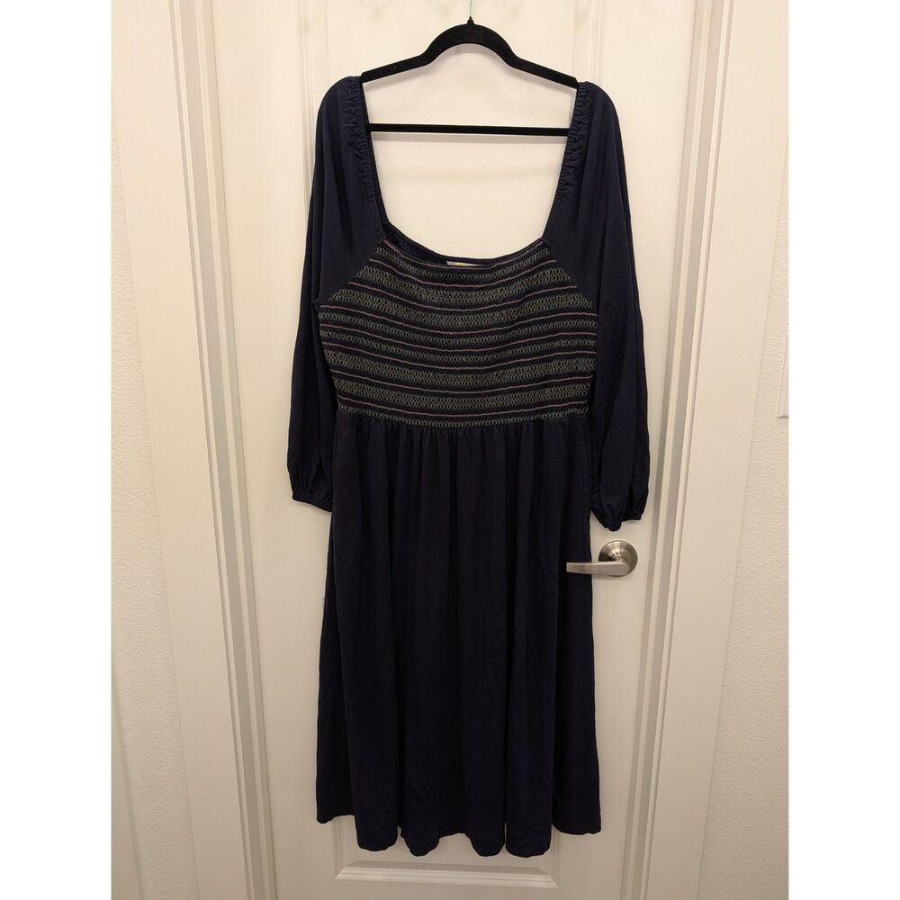 Boden Navy Blue Smocked Bodice Long Sleeve Midi Dress Square Neck Size 18